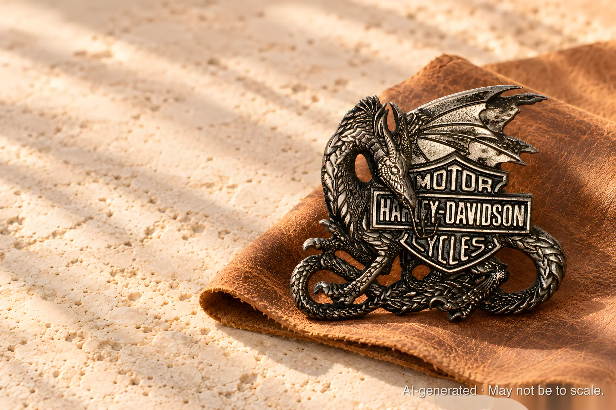A Harley-Davidson Dragon buckle on tan leather over pale stone